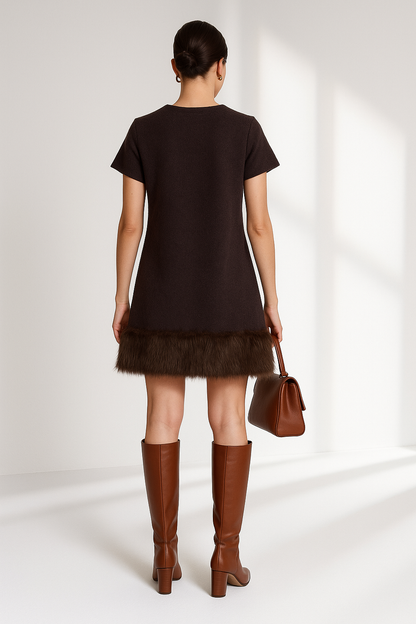 Women's Long Sleeve Knit Dress - Slim Fit with Faux Fur Trim (Brown) Lumenhaus Collective