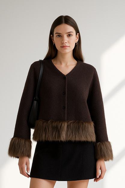 Women's Knit Jacket with Faux Fur Trim - Brown Contrast Sweater Coat Lined Lumenhaus Collective
