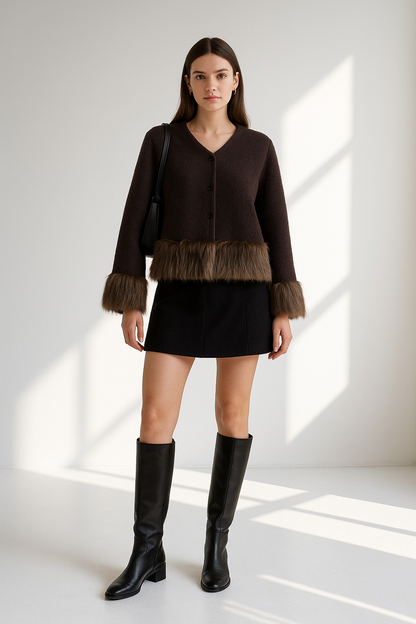 Women's Knit Jacket with Faux Fur Trim - Brown Contrast Sweater Coat Lined Lumenhaus Collective