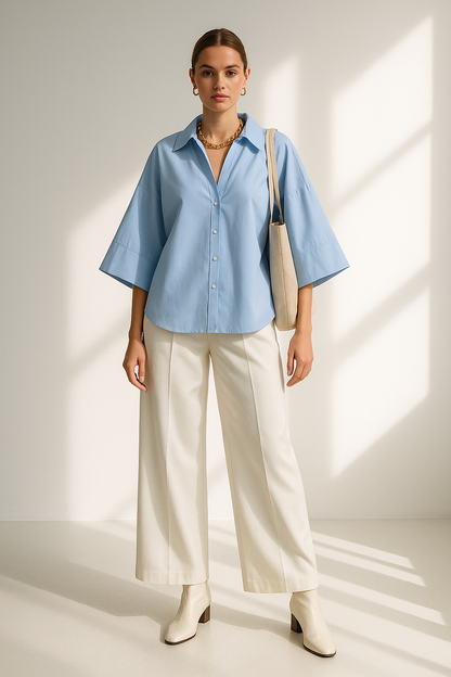Women's Loose Poplin Shirt - Wide Curled Sleeve Cotton Blend Blouse Lumenhaus Collective