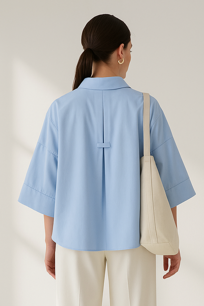 Women's Loose Poplin Shirt - Wide Curled Sleeve Cotton Blend Blouse Lumenhaus Collective