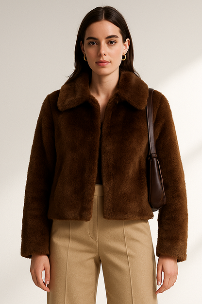 Women's Faux Fur Brown Lapel Jacket - Long Sleeve Coat for Fall & Winter Lumenhaus Collective