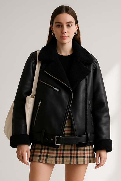 Women's Biker Jacket Reversible Faux Leather- Loose Fit Moto Coat with Belt Lumenhaus Collective