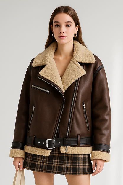 Women's Biker Jacket Reversible Faux Leather- Loose Fit Moto Coat with Belt Lumenhaus Collective