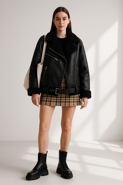 Women's Biker Jacket Reversible Faux Leather- Loose Fit Moto Coat with Belt Lumenhaus Collective