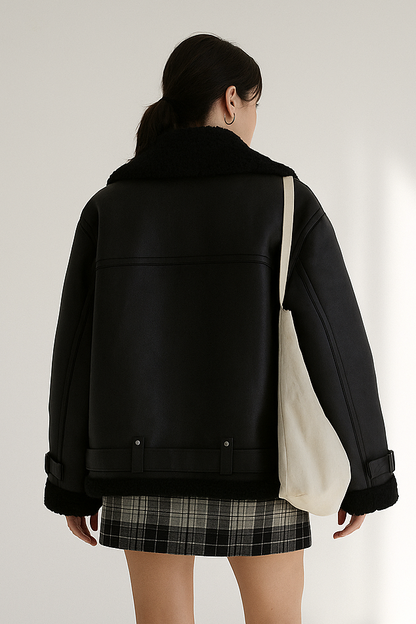 Women's Biker Jacket Reversible Faux Leather- Loose Fit Moto Coat with Belt Lumenhaus Collective