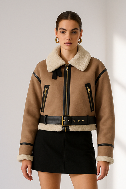 Women's Faux Shearling Short Jacket - Loose Fit Flip Collar Fall Winter Coat Lumenhaus Collective
