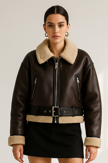 Women's Faux Shearling Short Jacket - Loose Fit Flip Collar Fall Winter Coat Lumenhaus Collective