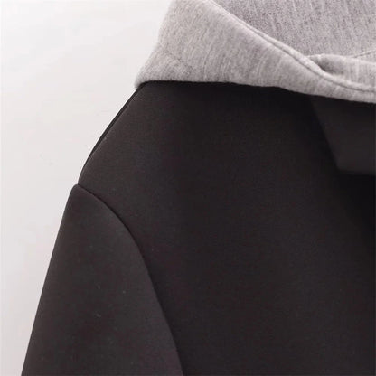 Women’s Long Black Coat with Gray Hoodie – Casual Winter Overcoat for Everyday Style Lumenhaus Collective
