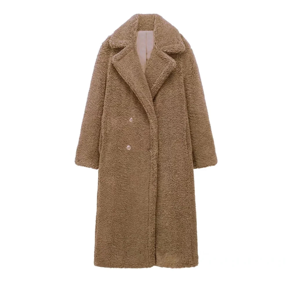 Women's Loose Fit Lambswool Fleece Coat - Button-Front Sherpa Long Jacket Lumenhaus Collective