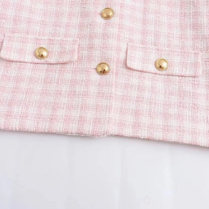 Ella Women's Pink Checkered Tweed Cropped Jacket - Lapel Button Pocket Outerwear Lumenhaus Collective