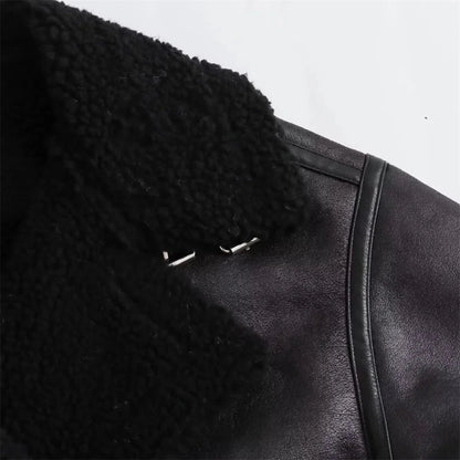 Women's Biker Jacket Reversible Faux Leather- Loose Fit Moto Coat with Belt Lumenhaus Collective