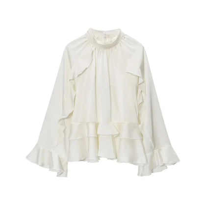 Chel Women's White Ruffle Blouse - Stacked High Neck Loose Fit Spring Summer Shirt Lumenhaus Collective