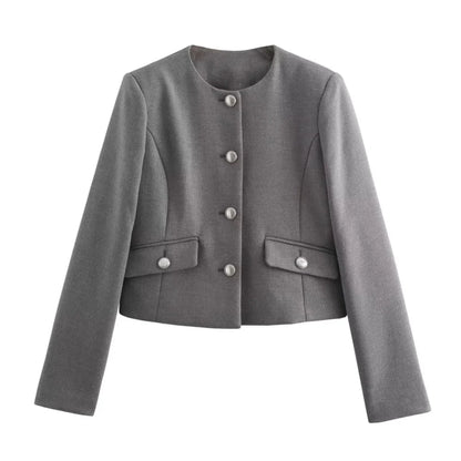 Zaya Women's Gray Collarless Suit Jacket - Cropped Long Sleeve Top Lumenhaus Collective