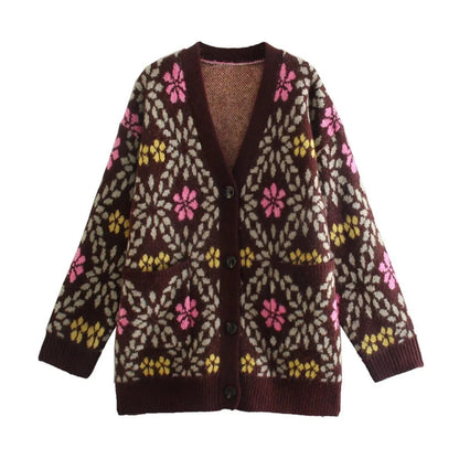 Stevie Women's V-Neck Jacquard Sweater Cardigan - Floral Print Loose Fit Outerwear Lumenhaus Collective