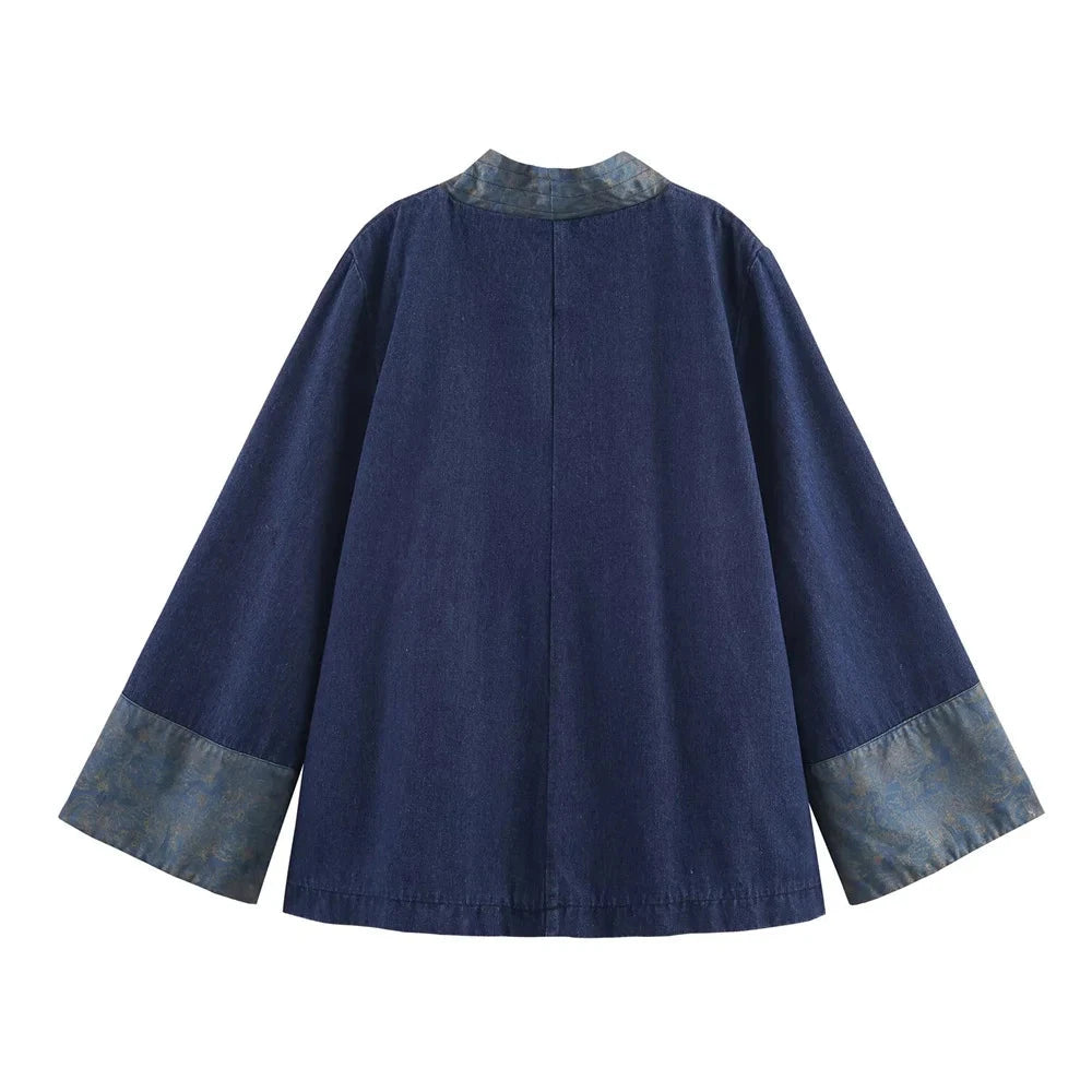 Kori Women's Navy Kimono Style Jacket - Contrast V-Neck & Cuffs | Denim Effect Coat Lumenhaus Collective