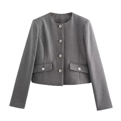 Zaya Women's Gray Collarless Suit Jacket - Cropped Long Sleeve Top Lumenhaus Collective
