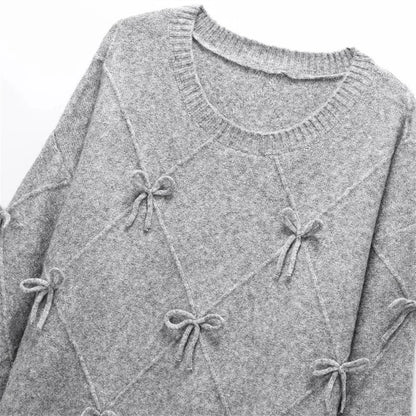 Women's Round Neck Knitted Sweater - Long Sleeve Top with Sweet Bow Detail Lumenhaus Collective