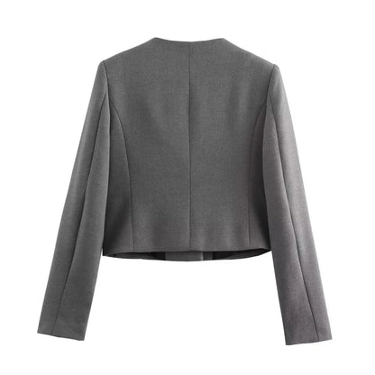 Zaya Women's Gray Collarless Suit Jacket - Cropped Long Sleeve Top Lumenhaus Collective