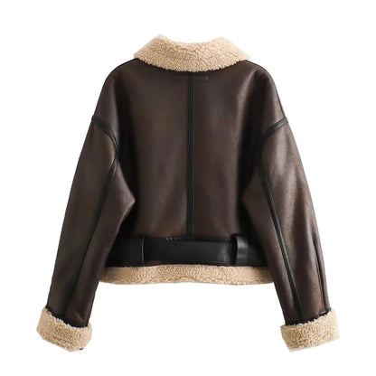 Women's Faux Shearling Short Jacket - Loose Fit Flip Collar Fall Winter Coat Lumenhaus Collective
