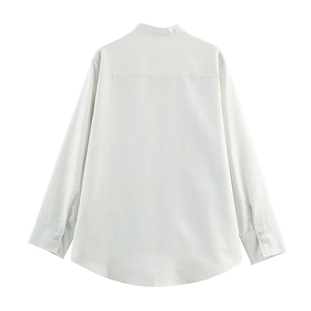 Fava Women's White Stand Collar Blouse - Striped Pleated Effect Long Sleeve Shirt Lumenhaus Collective