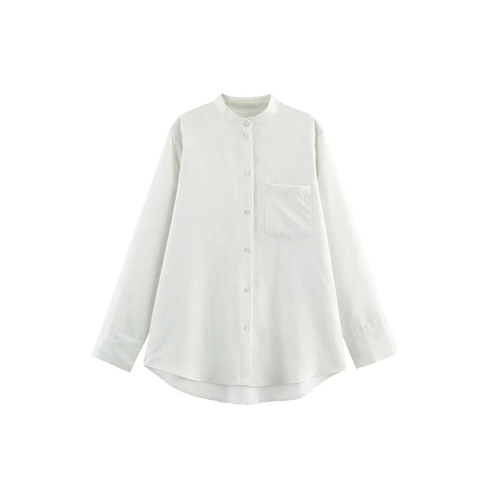 Fava Women's White Stand Collar Blouse - Striped Pleated Effect Long Sleeve Shirt Lumenhaus Collective