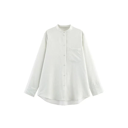Fava Women's White Stand Collar Blouse - Striped Pleated Effect Long Sleeve Shirt Lumenhaus Collective