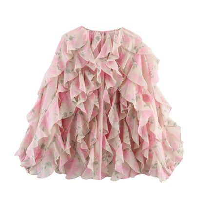 Chanelle Women's Floral Ruffle Blouse - Pink Loose Fit Long Sleeve Spring/Summer Top Lumenhaus Collective