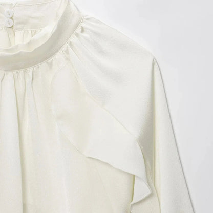 Chel Women's White Ruffle Blouse - Stacked High Neck Loose Fit Spring Summer Shirt Lumenhaus Collective