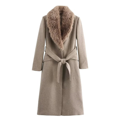 Women's Lapel Fur Collar Coat - Belted Single-Breasted Winter Jacket Lumenhaus Collective