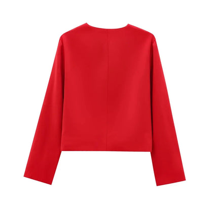 Treya Elegant Women’s Blazer Jacket – Red & Black Long Sleeve Formal Outerwear Lumenhaus Collective