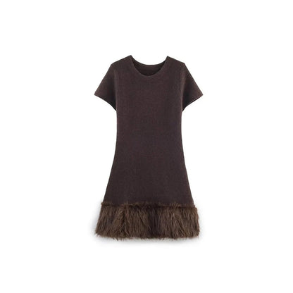 Women's Long Sleeve Knit Dress - Slim Fit with Faux Fur Trim (Brown) Lumenhaus Collective