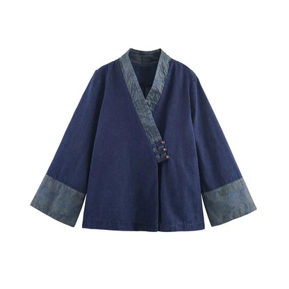 Kori Women's Navy Kimono Style Jacket - Contrast V-Neck & Cuffs | Denim Effect Coat Lumenhaus Collective