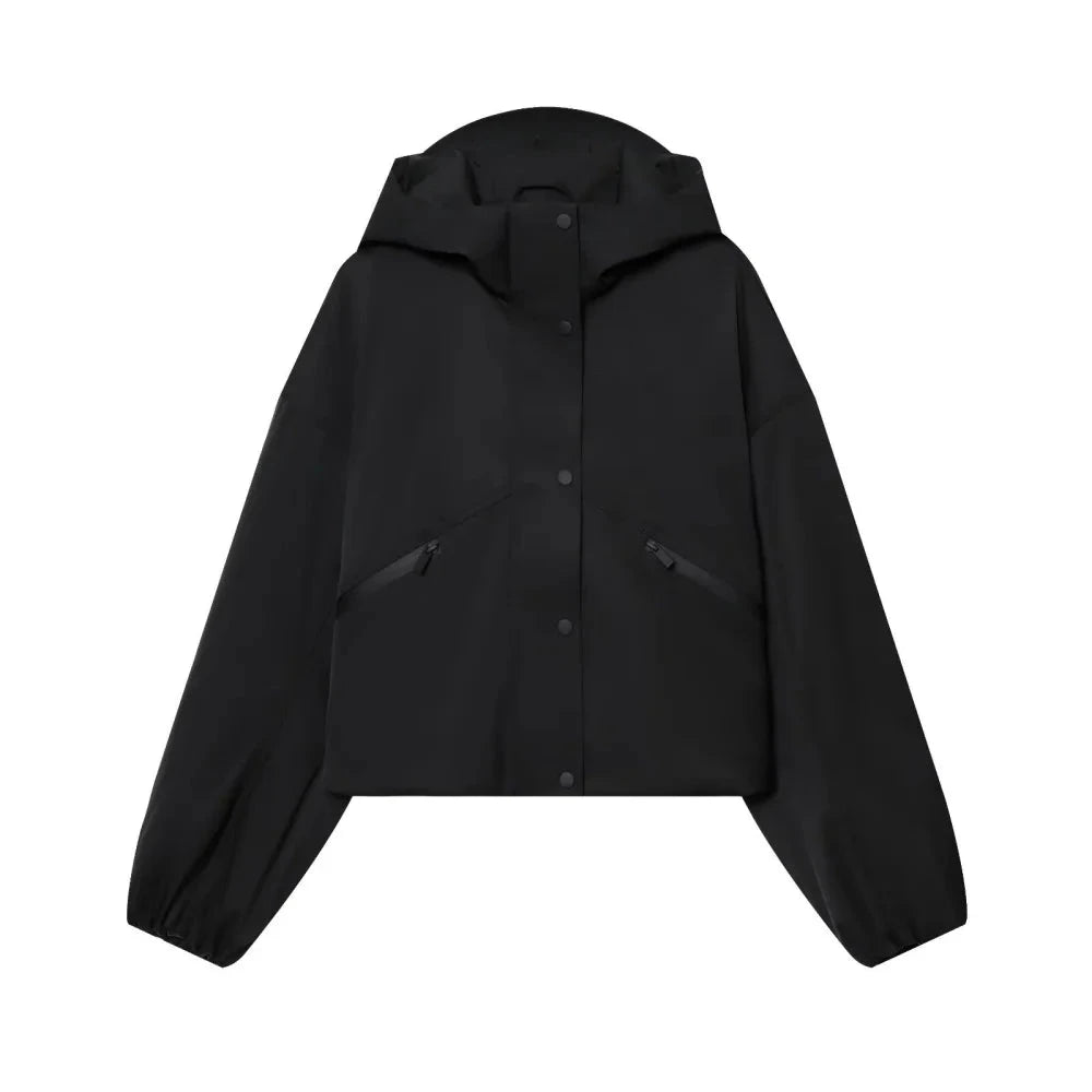 Sylvie Women's Black Waterproof Cropped Jacket - Hooded Loose Fit Spring Summer Fall Lumenhaus Collective