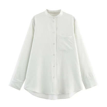 Fava Women's White Stand Collar Blouse - Striped Pleated Effect Long Sleeve Shirt Lumenhaus Collective