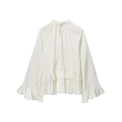 Chel Women's White Ruffle Blouse - Stacked High Neck Loose Fit Spring Summer Shirt Lumenhaus Collective