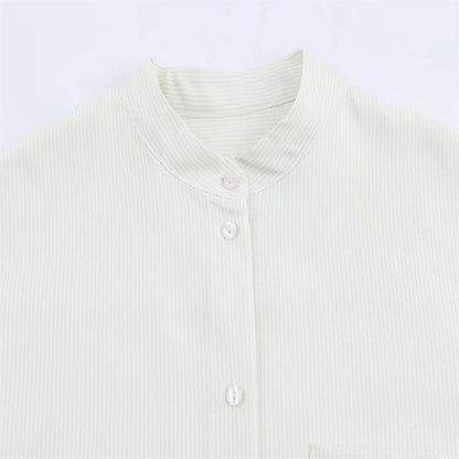 Fava Women's White Stand Collar Blouse - Striped Pleated Effect Long Sleeve Shirt Lumenhaus Collective