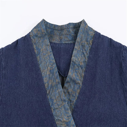Kori Women's Navy Kimono Style Jacket - Contrast V-Neck & Cuffs | Denim Effect Coat Lumenhaus Collective