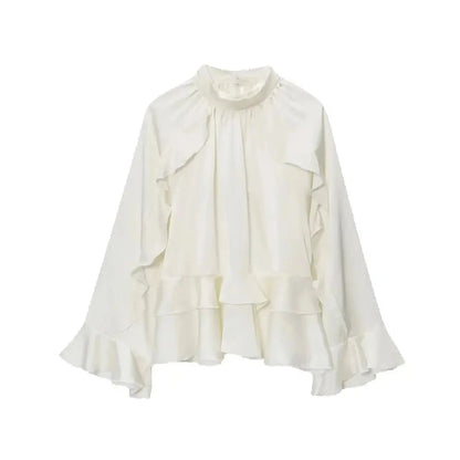 Chel Women's White Ruffle Blouse - Stacked High Neck Loose Fit Spring Summer Shirt Lumenhaus Collective