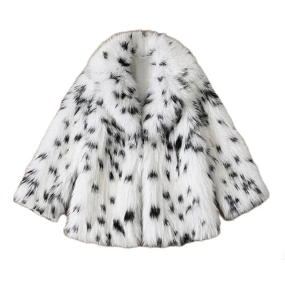 Women's Luxury Jacquard Faux Fur Coat - Black & White Statement Winter Jacket Lumenhaus Collective