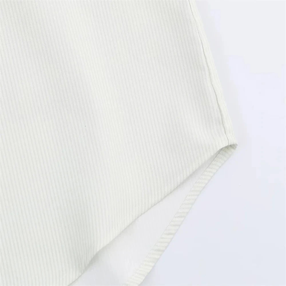 Fava Women's White Stand Collar Blouse - Striped Pleated Effect Long Sleeve Shirt Lumenhaus Collective
