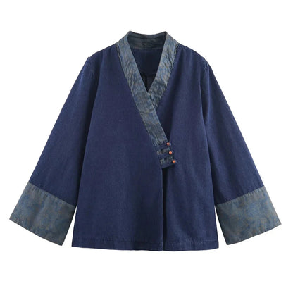 Kori Women's Navy Kimono Style Jacket - Contrast V-Neck & Cuffs | Denim Effect Coat Lumenhaus Collective