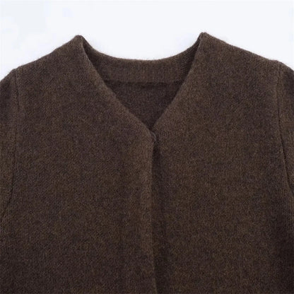 Women's Knit Jacket with Faux Fur Trim - Brown Contrast Sweater Coat Lined Lumenhaus Collective