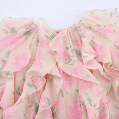 Chanelle Women's Floral Ruffle Blouse - Pink Loose Fit Long Sleeve Spring/Summer Top Lumenhaus Collective