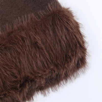 Women's Long Sleeve Knit Dress - Slim Fit with Faux Fur Trim (Brown) Lumenhaus Collective