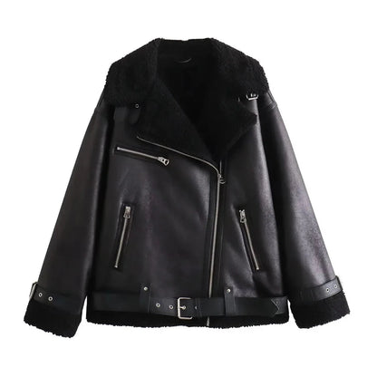 Women's Biker Jacket Reversible Faux Leather- Loose Fit Moto Coat with Belt Lumenhaus Collective