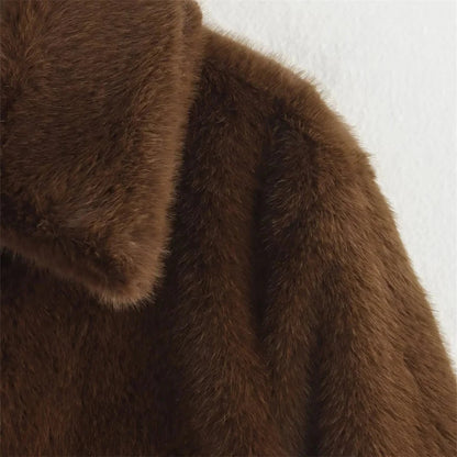 Women's Faux Fur Brown Lapel Jacket - Long Sleeve Coat for Fall & Winter Lumenhaus Collective