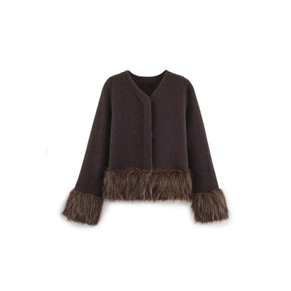Women's Knit Jacket with Faux Fur Trim - Brown Contrast Sweater Coat Lined Lumenhaus Collective