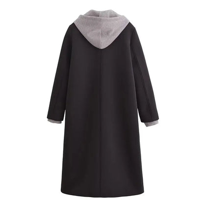 Women’s Long Black Coat with Gray Hoodie – Casual Winter Overcoat for Everyday Style Lumenhaus Collective