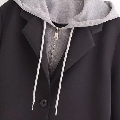 Women’s Long Black Coat with Gray Hoodie – Casual Winter Overcoat for Everyday Style Lumenhaus Collective